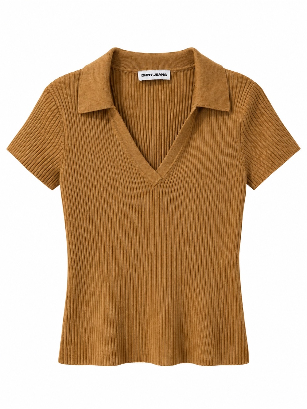 DKNY Ribbed Short-Sleeve V-Neck Polo Top in Camel Brown